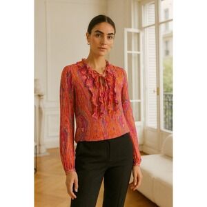 Ralph‎ Lauren Womans Sz Medium Silk Paisley Ruffle Tie Long Sleeve Blouse